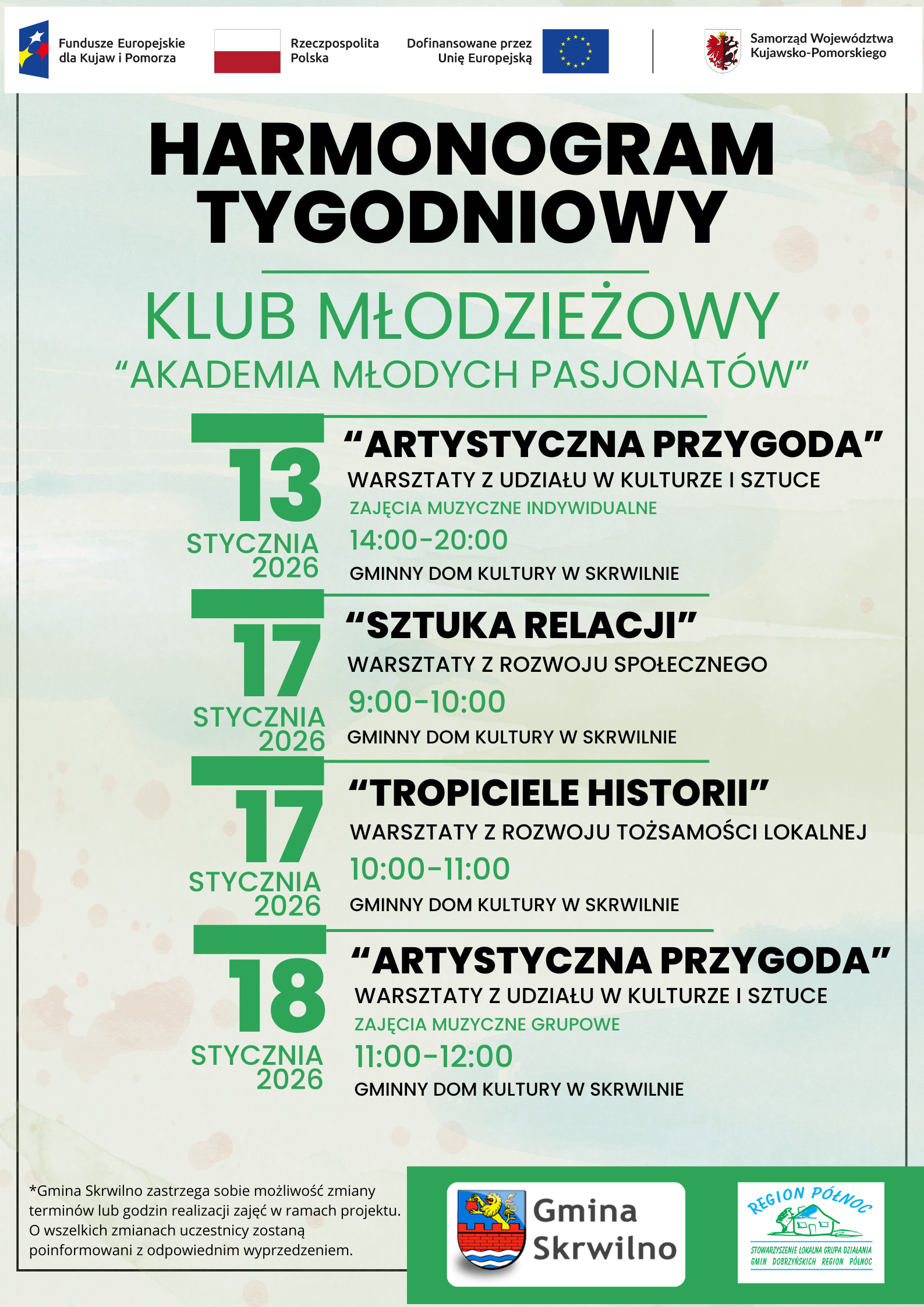 Harmonogram tygodniowy Klub młodzieżowy „Akademia Młodych Pasjonatów”